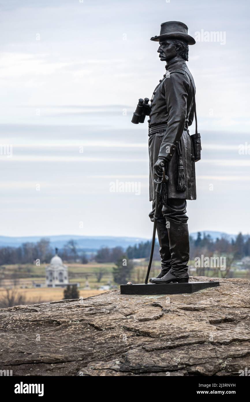 Parc militaire national de Gettysburg statue du général Gouverneur Kemble Warren sur Little Round Top à Gettysburg, Pennsylvanie. (ÉTATS-UNIS) Banque D'Images