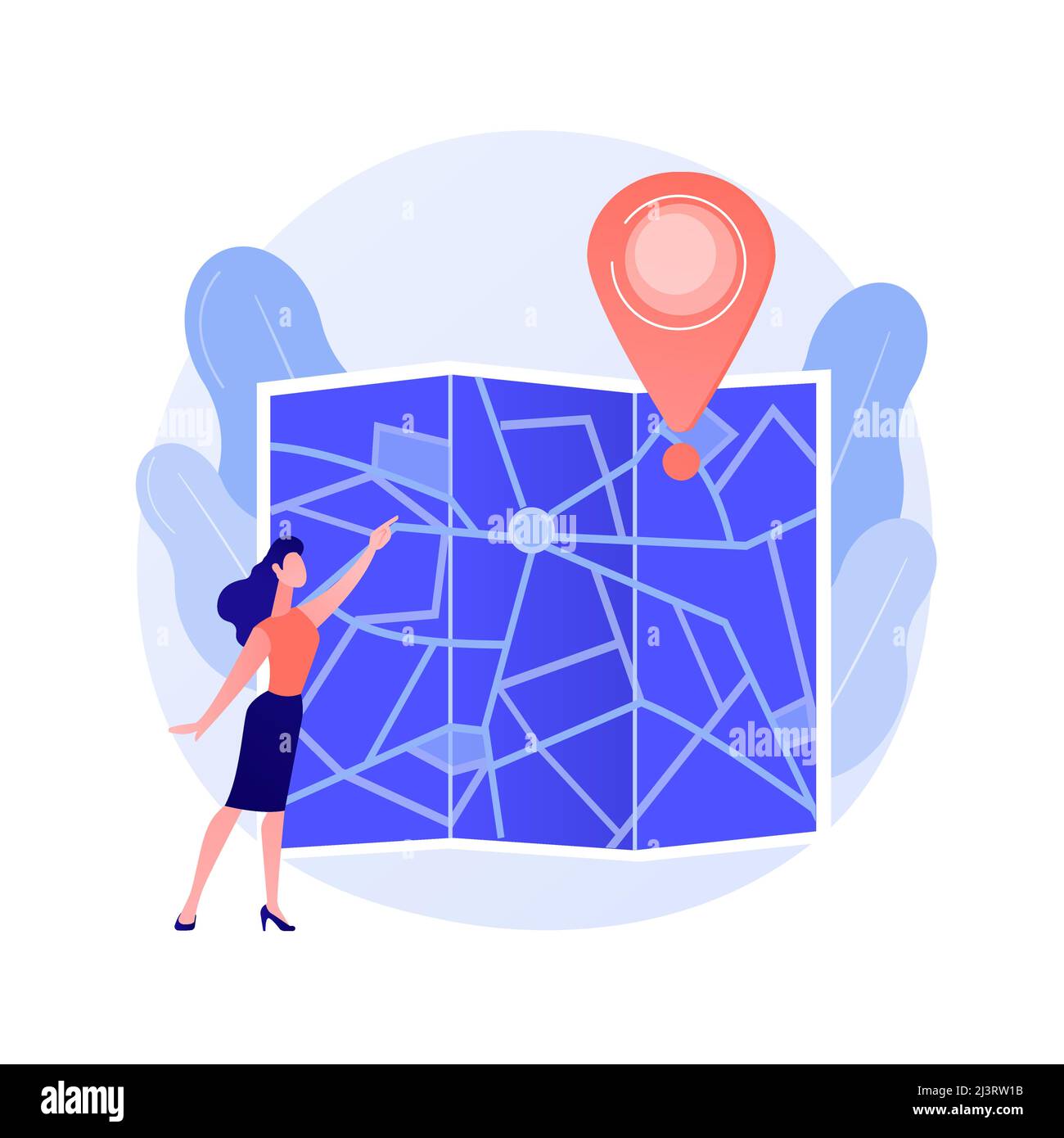 Planification de l'itinéraire. Voyage urbain, tourisme urbain, idée de cartographie. Fille naviguant avec le personnage de dessin animé de carte papier. Outil d'orientation à l'ancienne Illustration de Vecteur