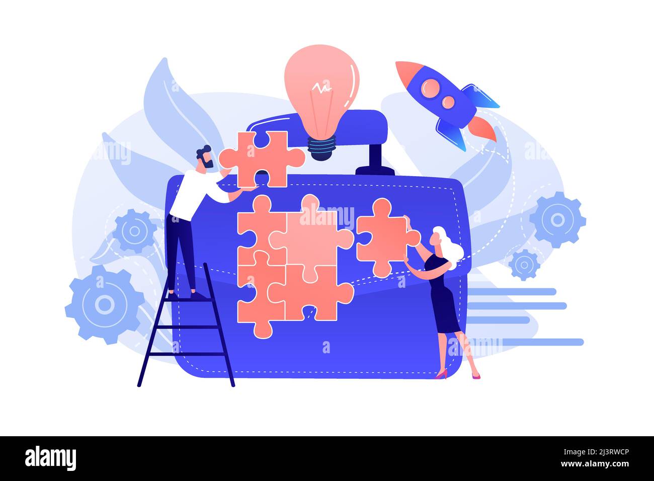 Des hommes d'affaires se joignent à des pièces de puzzle et à une énorme mallette avec ampoule. Réunion d'affaires et partenariat, faire un concept de transaction sur fond blanc. Corail p Illustration de Vecteur