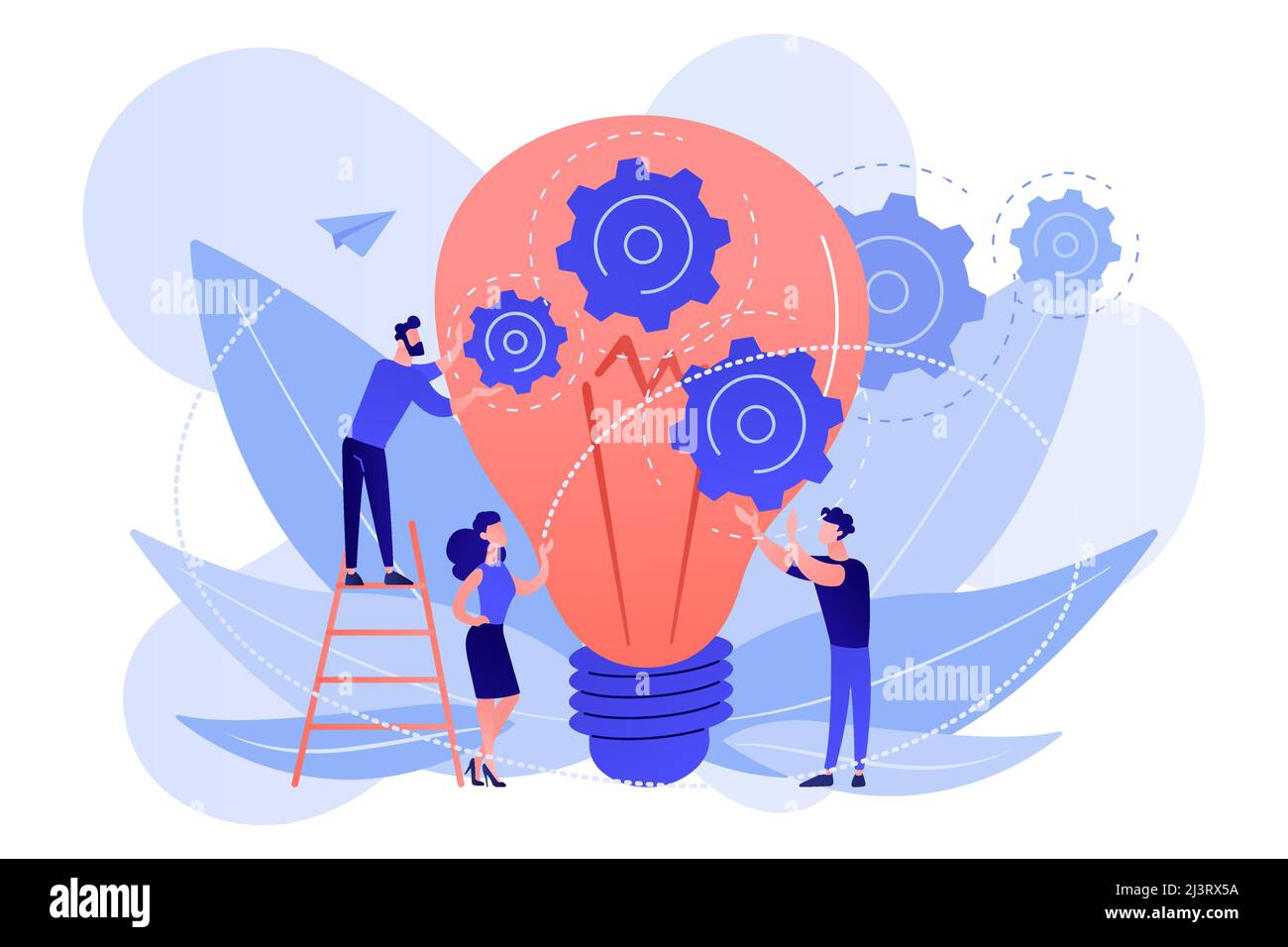Une énorme ampoule et une équipe d'affaires qui tient des engrenages. Travail d'équipe et collaboration, réalisation des objectifs, concept des employés et de la main-d'œuvre sur fond blanc. Pi Illustration de Vecteur