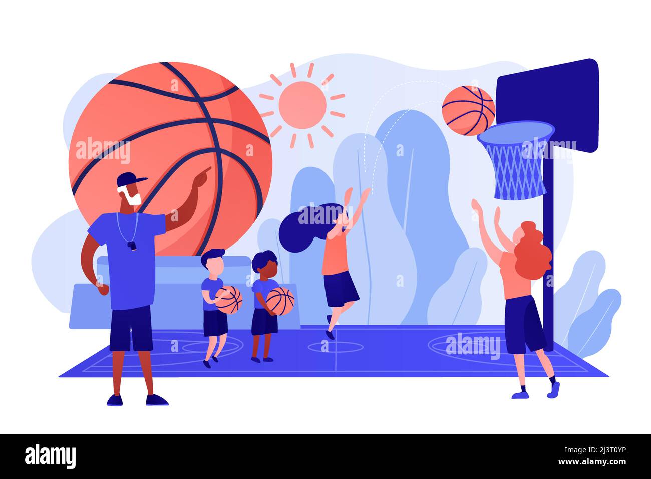 L'enseignement de l'entraîneur et les enfants pratiquant le basket-ball dans le camp d'été, les personnes minuscules. Camp de basket-ball, académie, atteindre les objectifs de basket-ball concept. Corail rose b Illustration de Vecteur