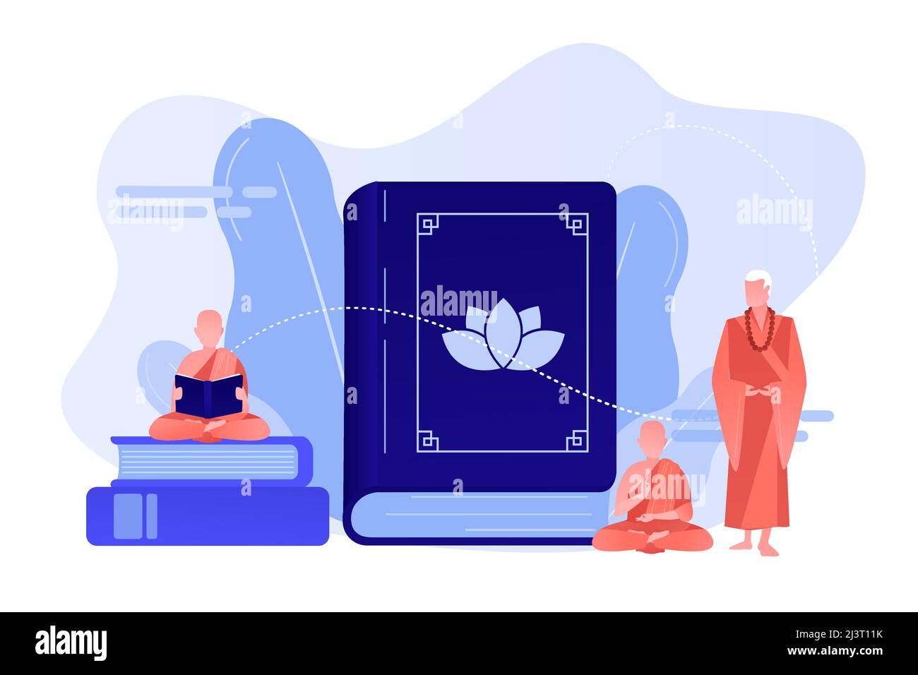 Moines bouddhistes en robes d'orange méditant et lisant, de minuscules gens. Bouddhisme zen, bouddhisme lieu de culte, concept de livre sacré bouddhiste. Corail rose Illustration de Vecteur