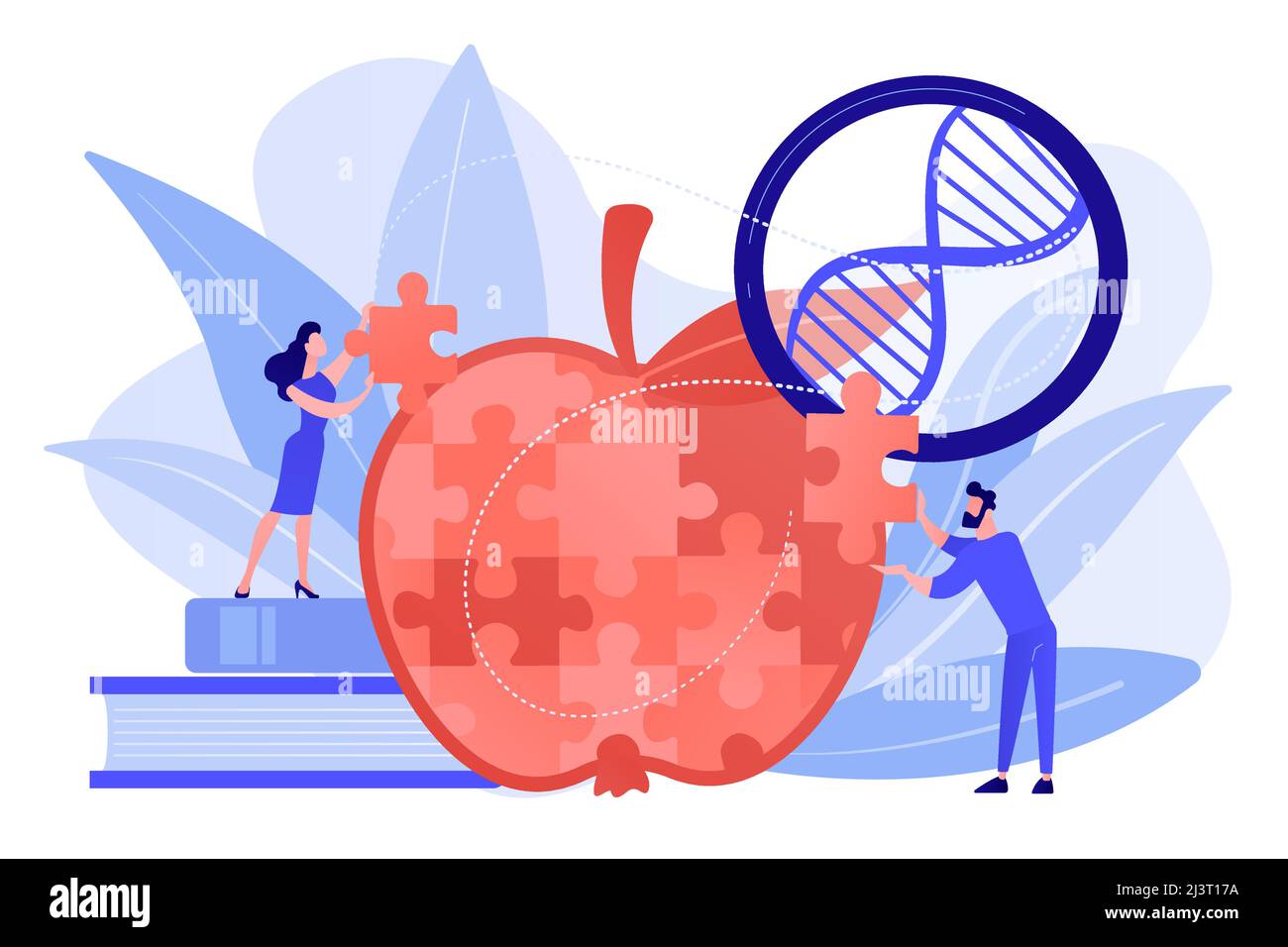 Les scientifiques qui font la pomme puzzle puzzle puzzle puzzle. Organisme génétiquement modifié et organisme modifié, concept de génie moléculaire sur fond blanc. Pinki Illustration de Vecteur