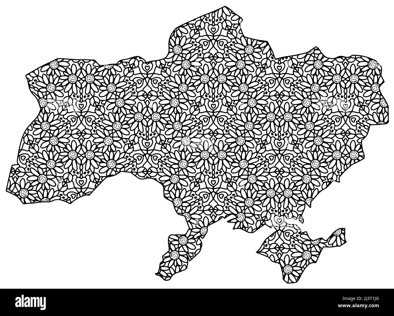 Page de coloriage de motif de carte d'Ukraine pour les adultes avec des tournesols, des signes de paix et de l'amour Illustration de Vecteur