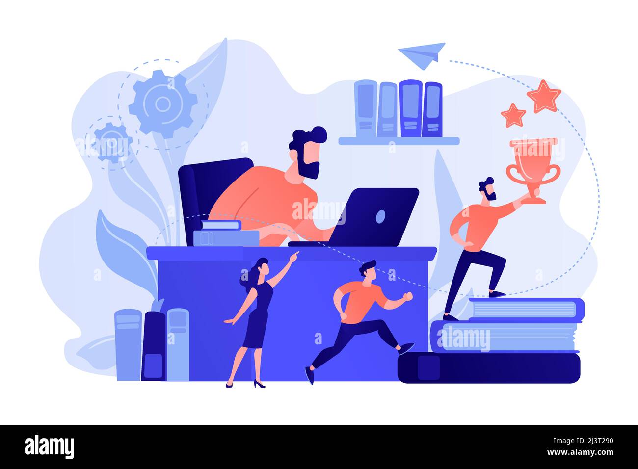 Homme d'affaires sur ordinateur portable et chef d'équipe court sur des livres avec trophée et son équipe. Leadership commercial, compétences en gestion, concept de plan de formation en leadership. Pi Illustration de Vecteur