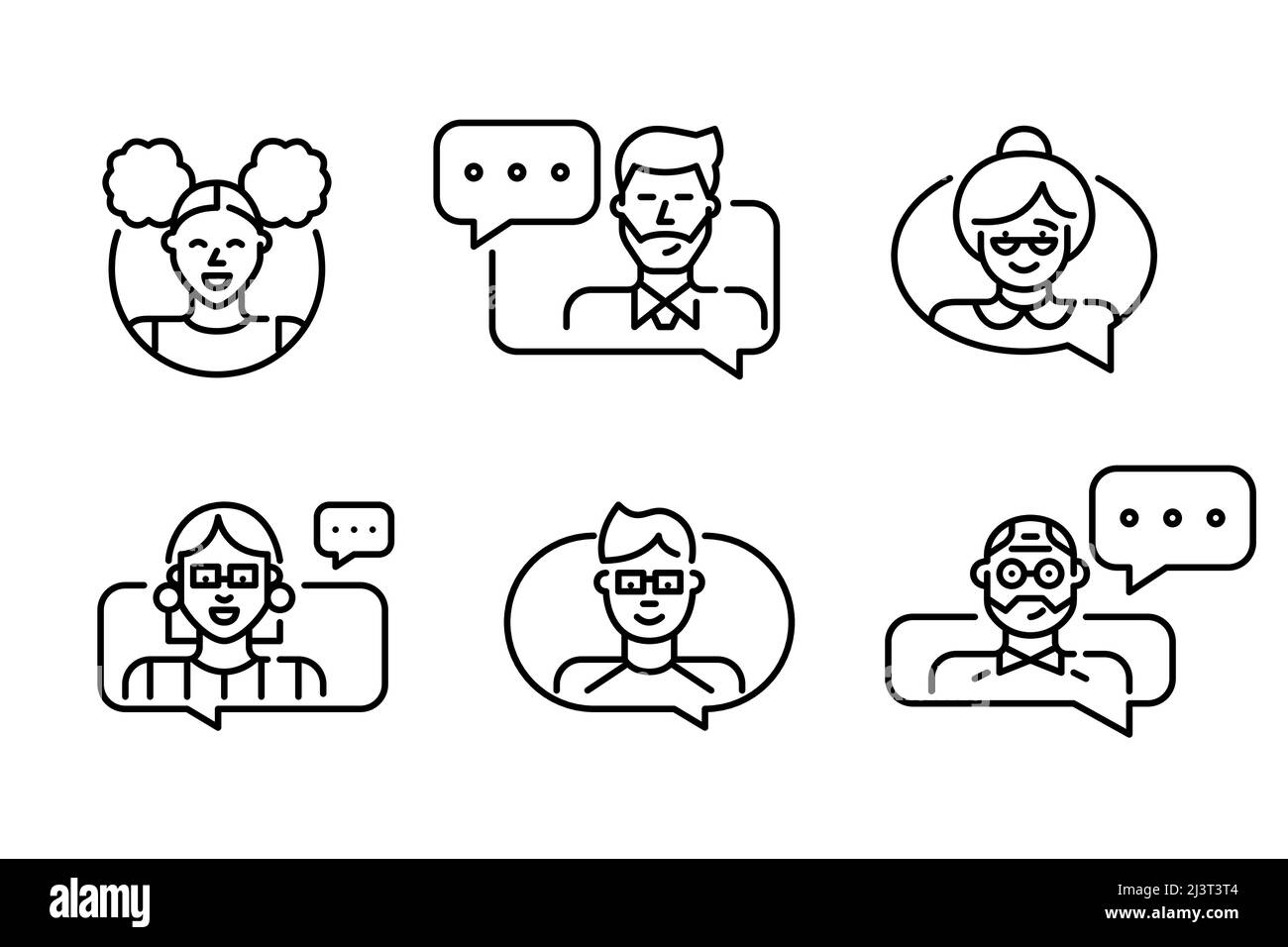 Icônes de discussion de personnes définies. Pixel Perfect, contour modifiable, violet et bleu Illustration de Vecteur