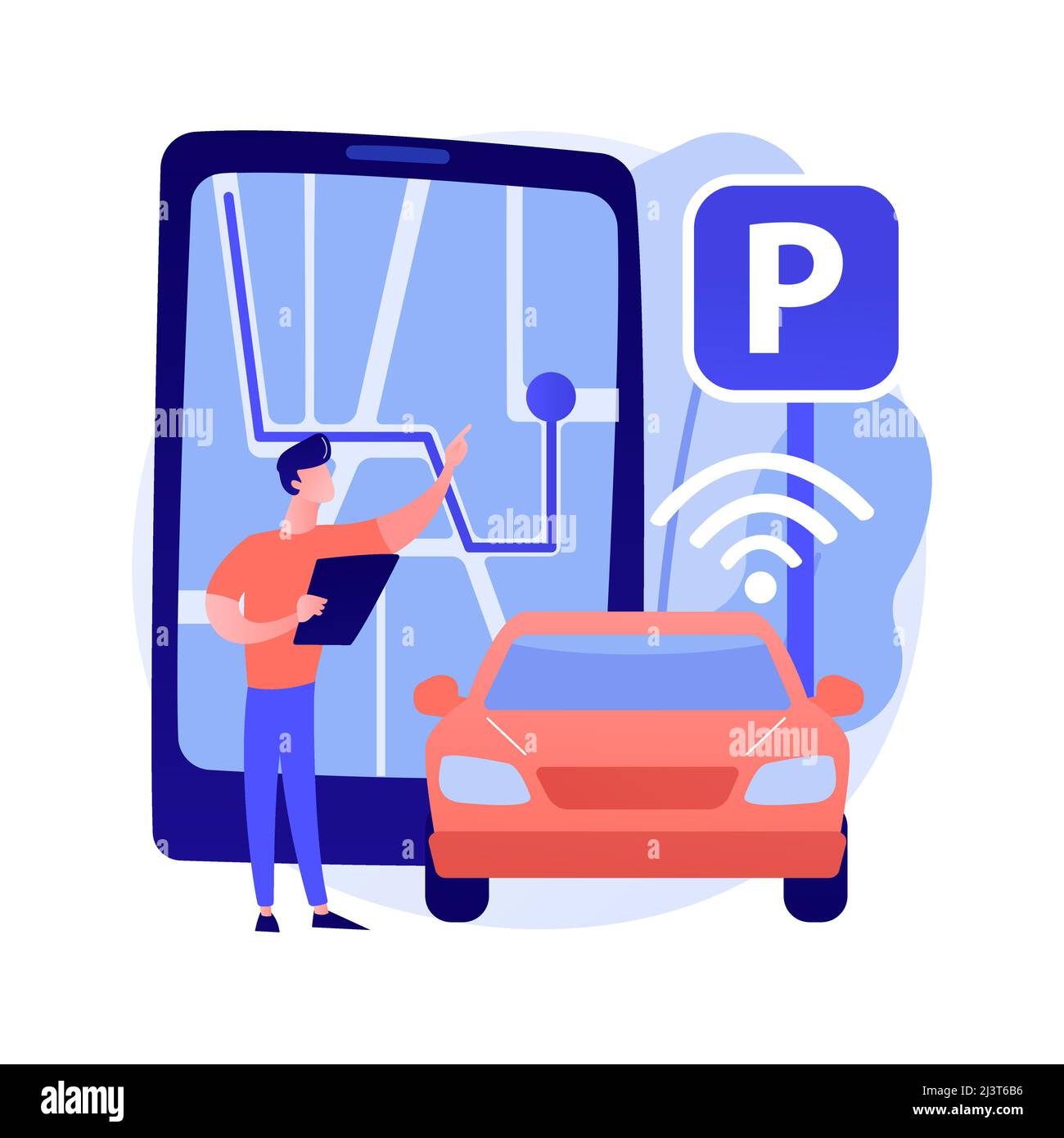 Illustration vectorielle abstraite du système de stationnement libre-service. Système de parking automatique, véhicule sans stationnement, technologie intelligente sans conducteur, autocom Illustration de Vecteur