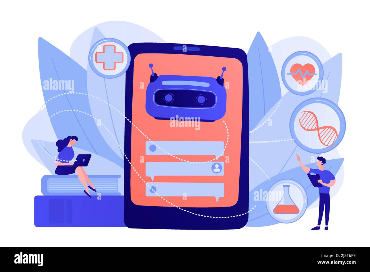 Médecin chatbot donne la consultation de soins de santé au patient. Utilisation des soins de santé de Chatbot, aide-soignant d'intelligence artificielle, concept de consultation anonyme. P Illustration de Vecteur