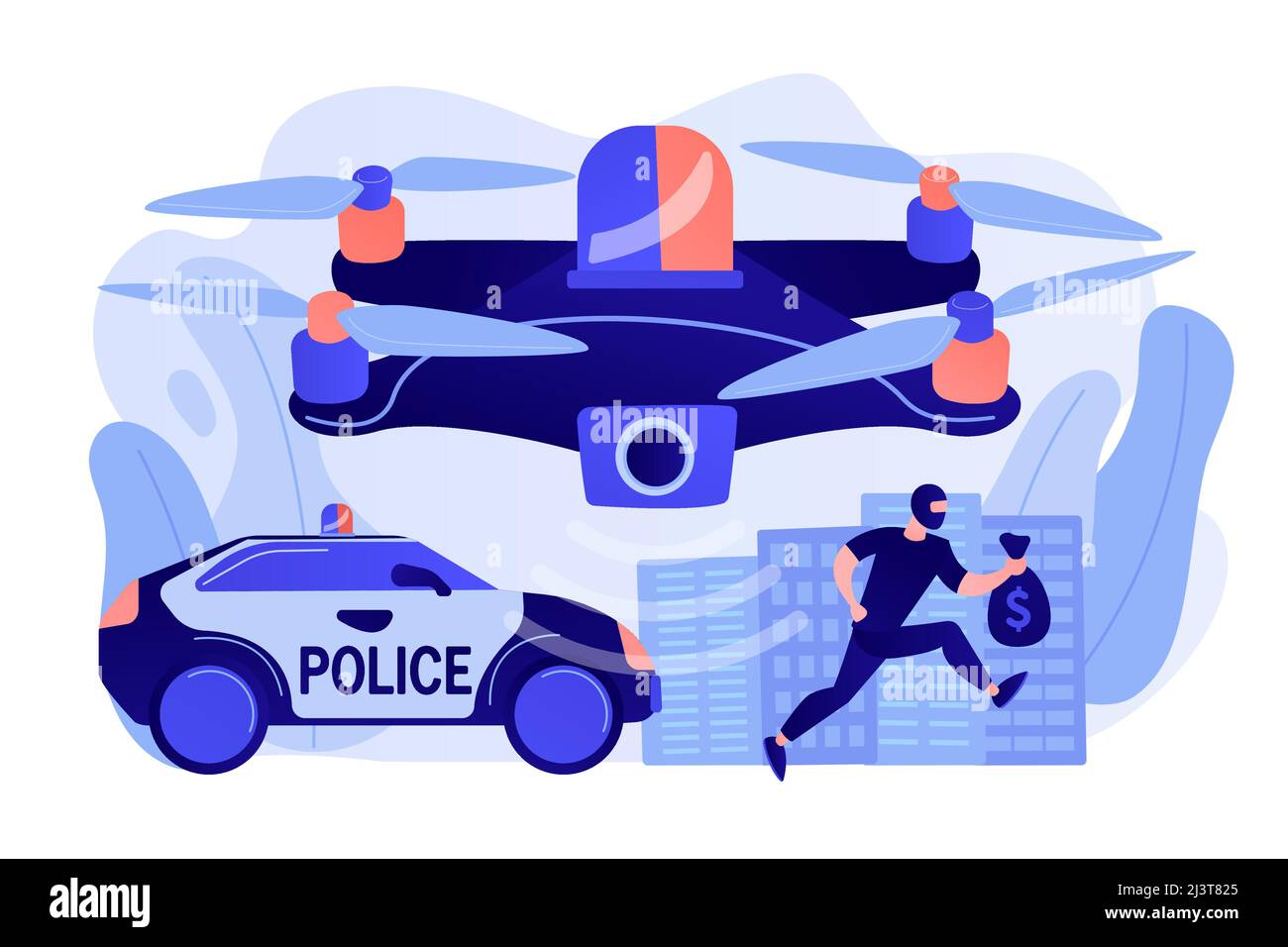 La voiture de police et le tir de drone de thieve dans le masque avec l'argent et la scène de crime. Drones d'application de la loi, utilisation de drones de police, concept d'outils IoT pour villes intelligentes. Pinki Illustration de Vecteur