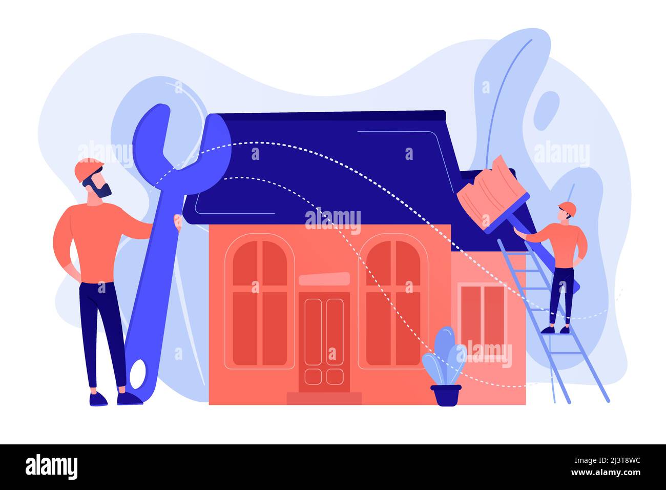 Homme de main avec une grosse clé pour réparer la maison et peindre avec un pinceau. Bricolage réparation, faites-le vous-même service, libre-service apprentissage concept. cora rose Illustration de Vecteur