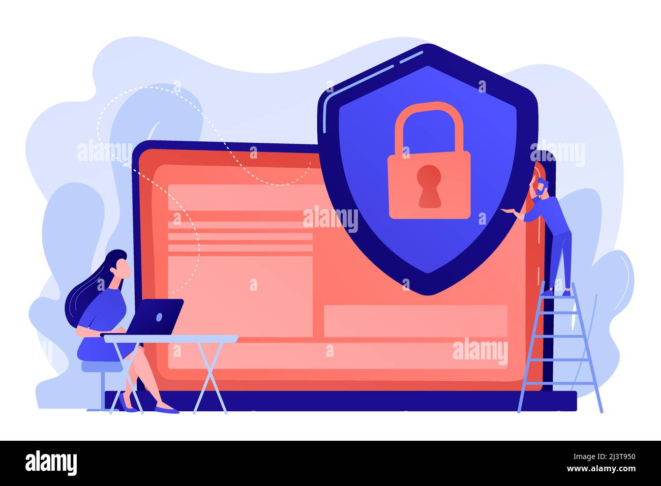 Homme d'affaires de toute petite taille avec écran de protection des données sur l'ordinateur portable. Confidentialité des données, réglementation sur la confidentialité des informations, concept de protection des données personnelles. Rose Illustration de Vecteur