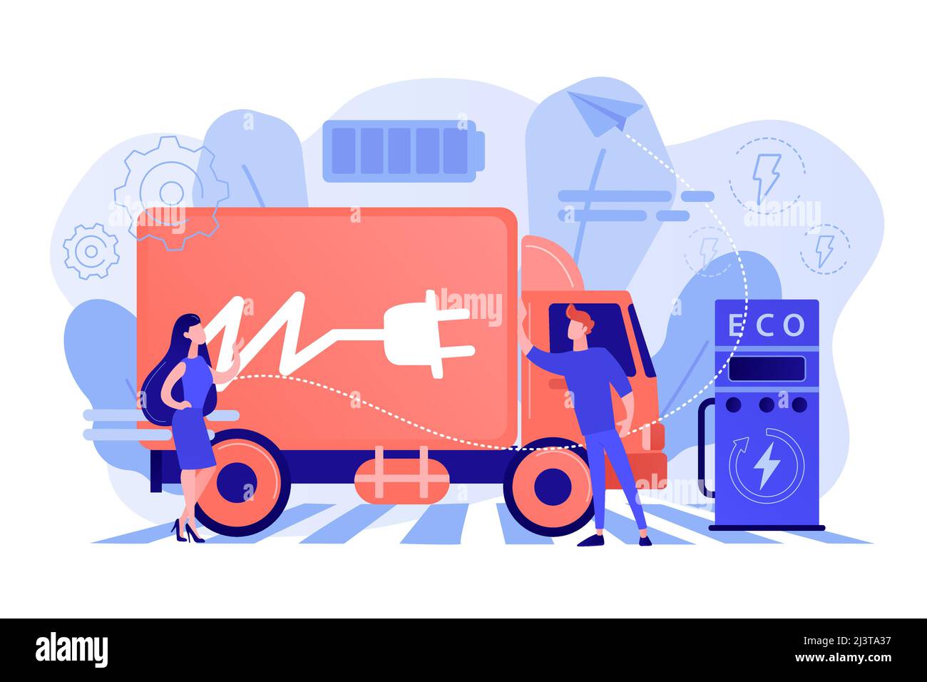 Chariot électrique écologique avec prise de charge de la batterie au niveau de la station de charge. Camion électrique, logistique écologique, concept de transport moderne. Illustration de Vecteur