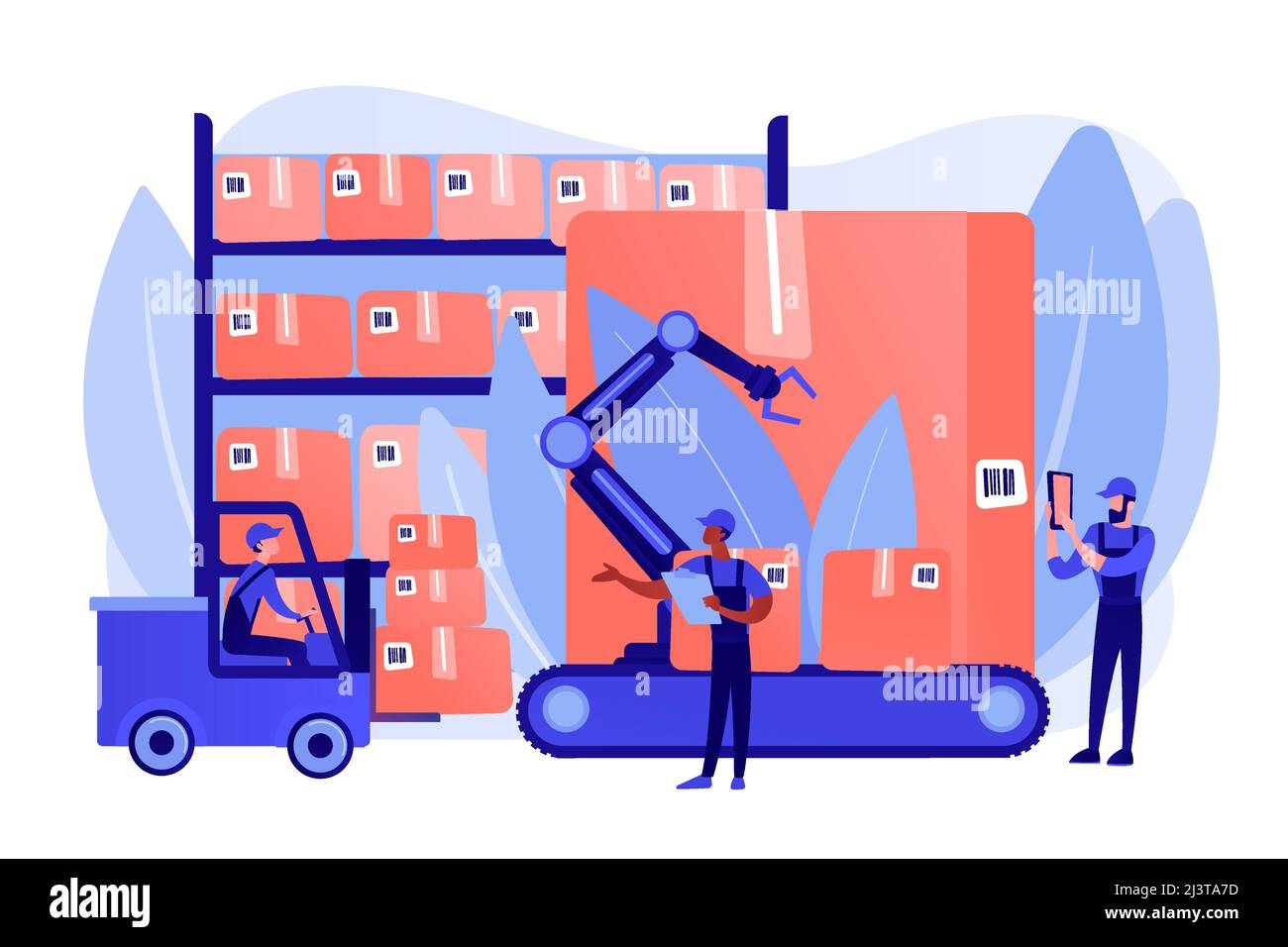 Employés de magasin travaillant, transportant des boîtes de marchandises. Logistique d'entrepôt, utilisation de la technologie RFID, concept de service de stockage automatisé. Corail rose bl Illustration de Vecteur