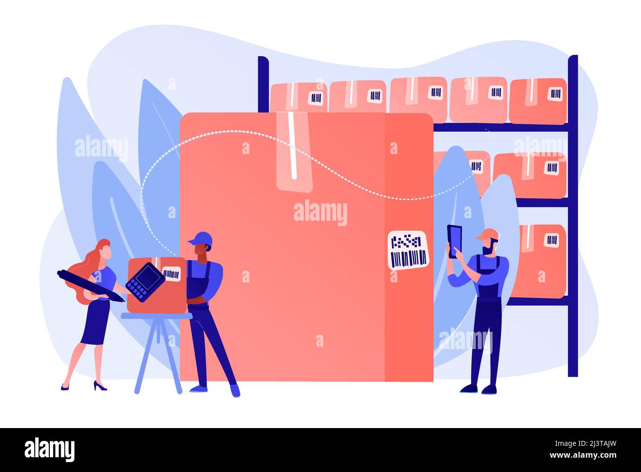 Employés dans l'entrepôt, l'entrepôt. Tri et étiquetage des articles. Lecture de codes-barres, logiciel de génération de codes-barres, concept de preuve de livraison mobile. Pi Illustration de Vecteur