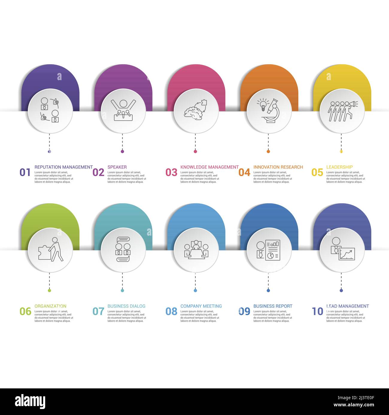 Modèle de gestion de la réputation d'infographie. Icônes de différentes couleurs. Inclure la gestion de la réputation, le conférencier, la gestion des connaissances, l'innovation Illustration de Vecteur