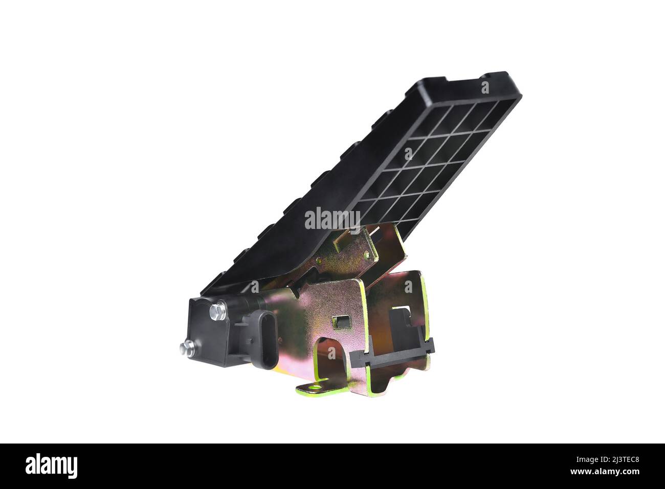 pédale d'accélérateur électronique de voiture, pédale d'accélérateur de chariot, pédale d'accélérateur électronique avec fil de connexion, mise au point sélective, fond blanc, gros plan Banque D'Images