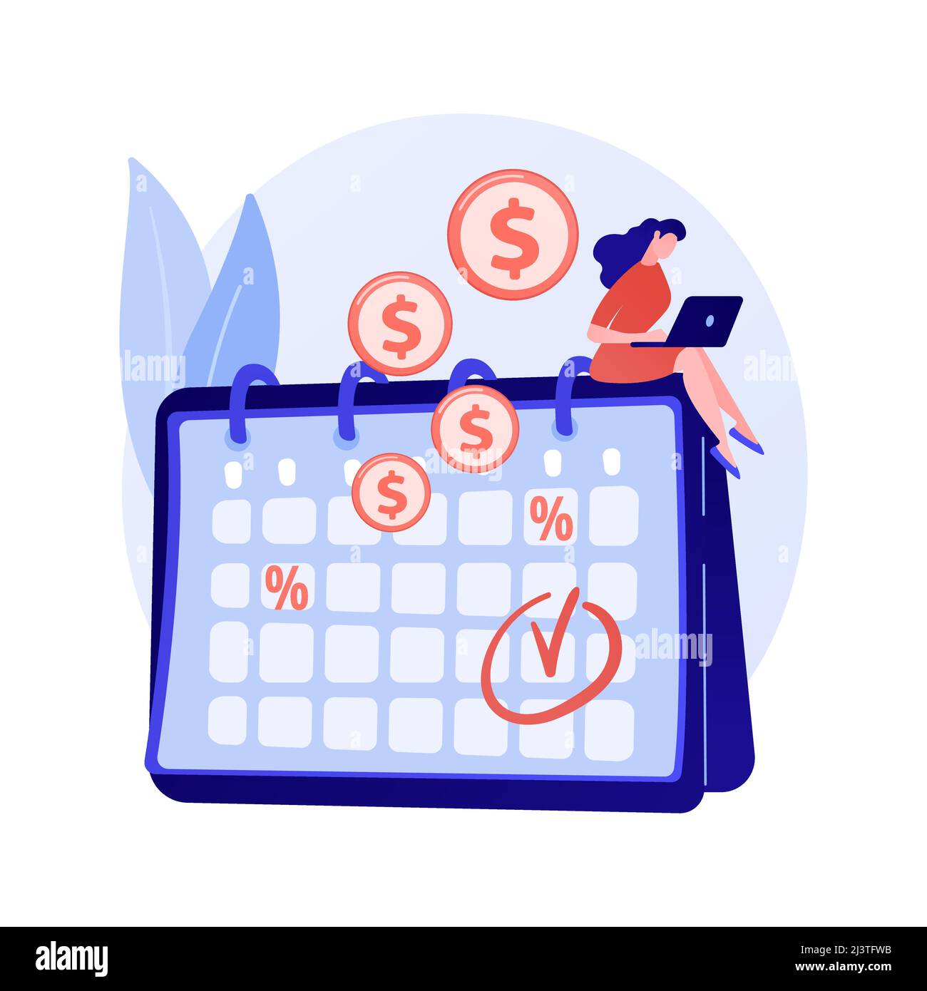 Intérêts sur dépôt, placement rentable, revenu fixe. Paiements réguliers, reçus de caisse récurrents. Destinataire d'argent avec personnage de dessin animé de calendrier. Illustration de Vecteur