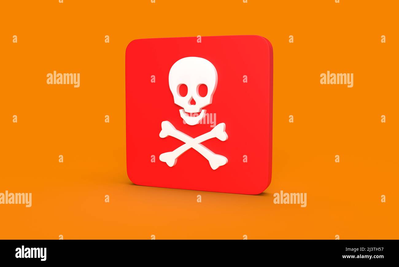 symbole crâne blanc comme modèle de poison ou d'avertissement pour les poisons sur rectangle rouge arrondi sur fond orange. 3D rendu Banque D'Images
