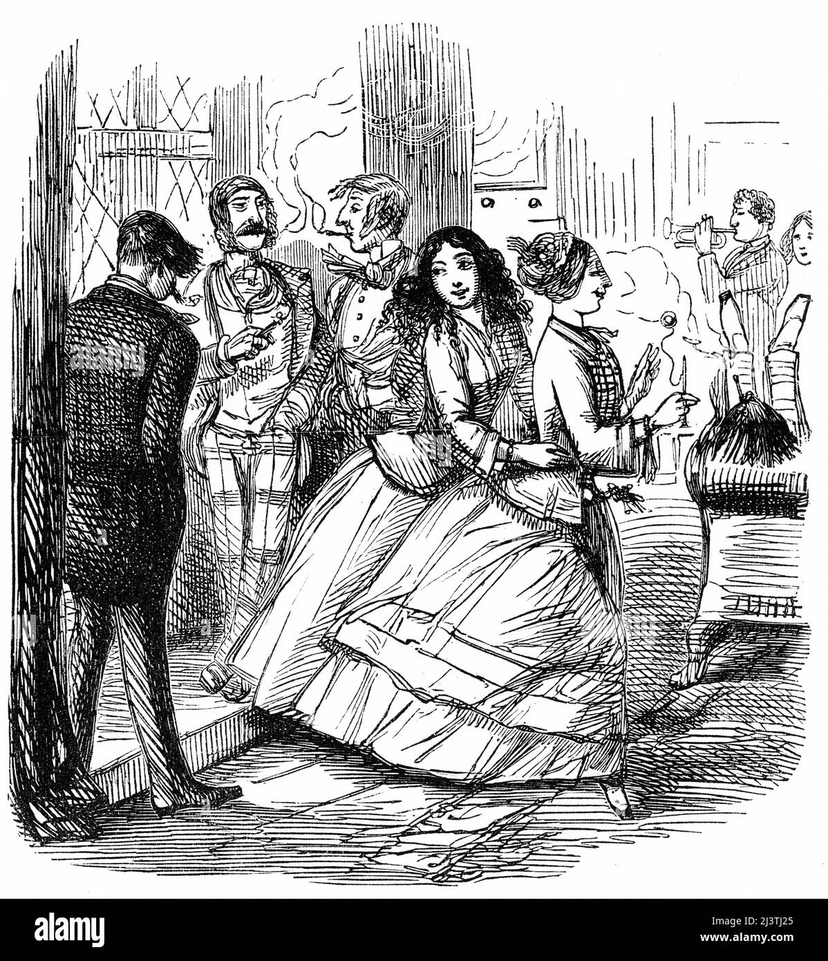 Femmes à un rassemblement social dans la société de la classe supérieure, Angleterre, 1850s. Gravure en acier par John Leech de la tournée sportive de M. Sponge de Robert Smith Surtees, vers 1850 Banque D'Images