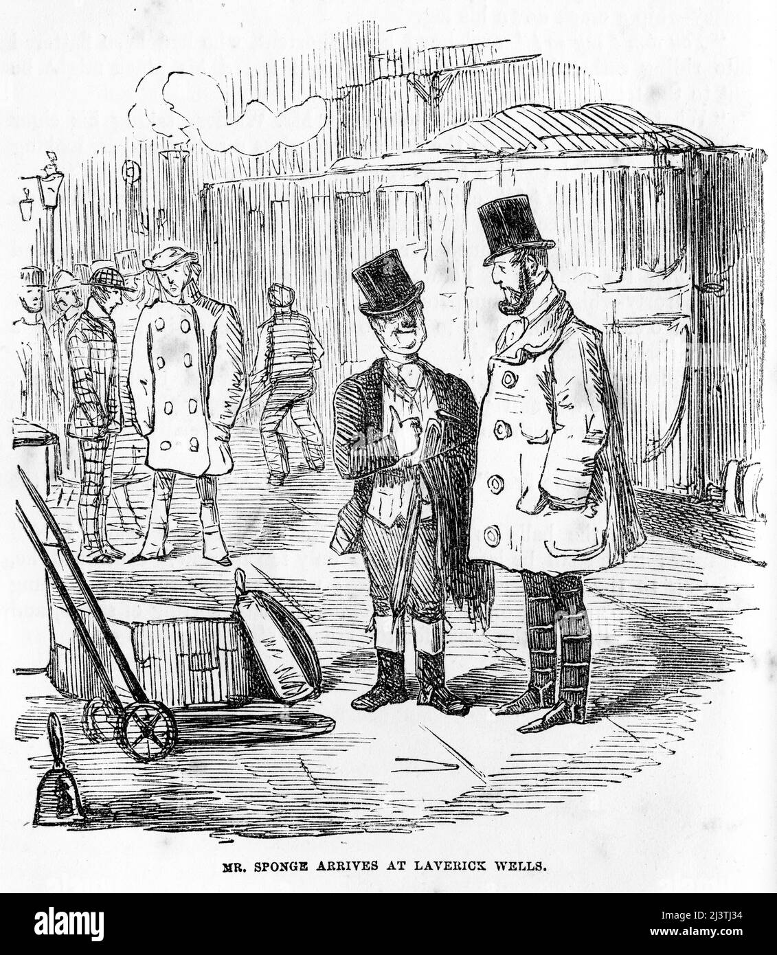 M. Sponge arrive à Laverick Wells. Gravure en acier par John Leech de la tournée sportive de M. Sponge de Robert Smith Surtees, vers 1850 Banque D'Images