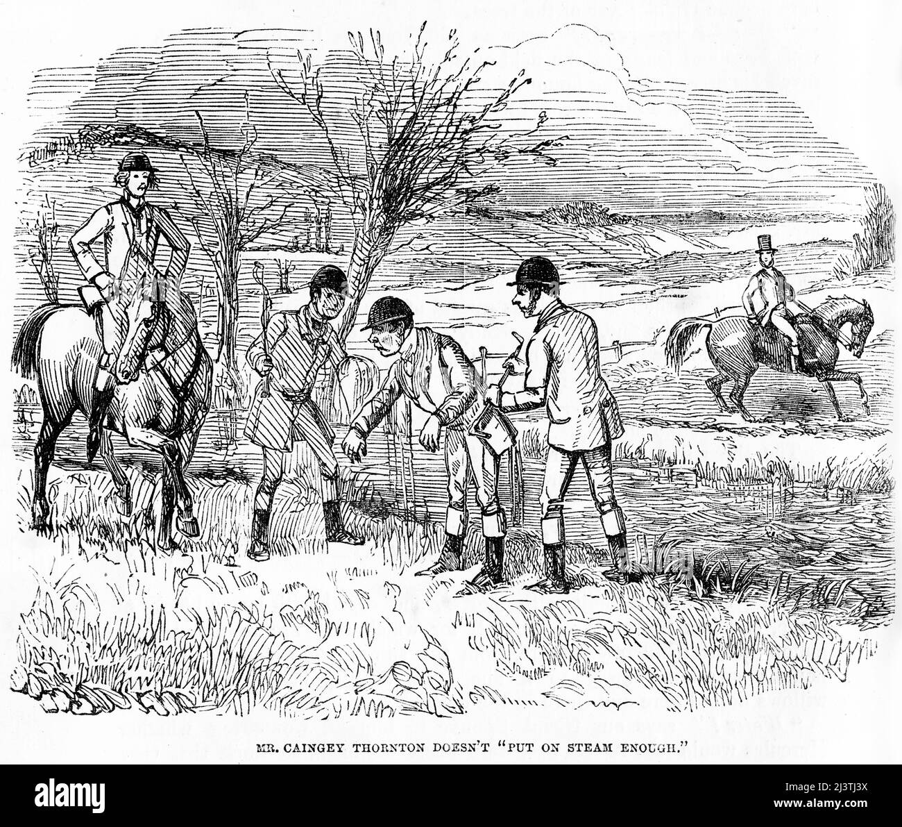 Un groupe de chasseurs de renards se plaignent de la façon dont M. Caingey Thornton ne « met pas assez de vapeur ». Gravure en acier par John Leech de la tournée sportive de M. Sponge de Robert Smith Surtees, vers 1850 Banque D'Images