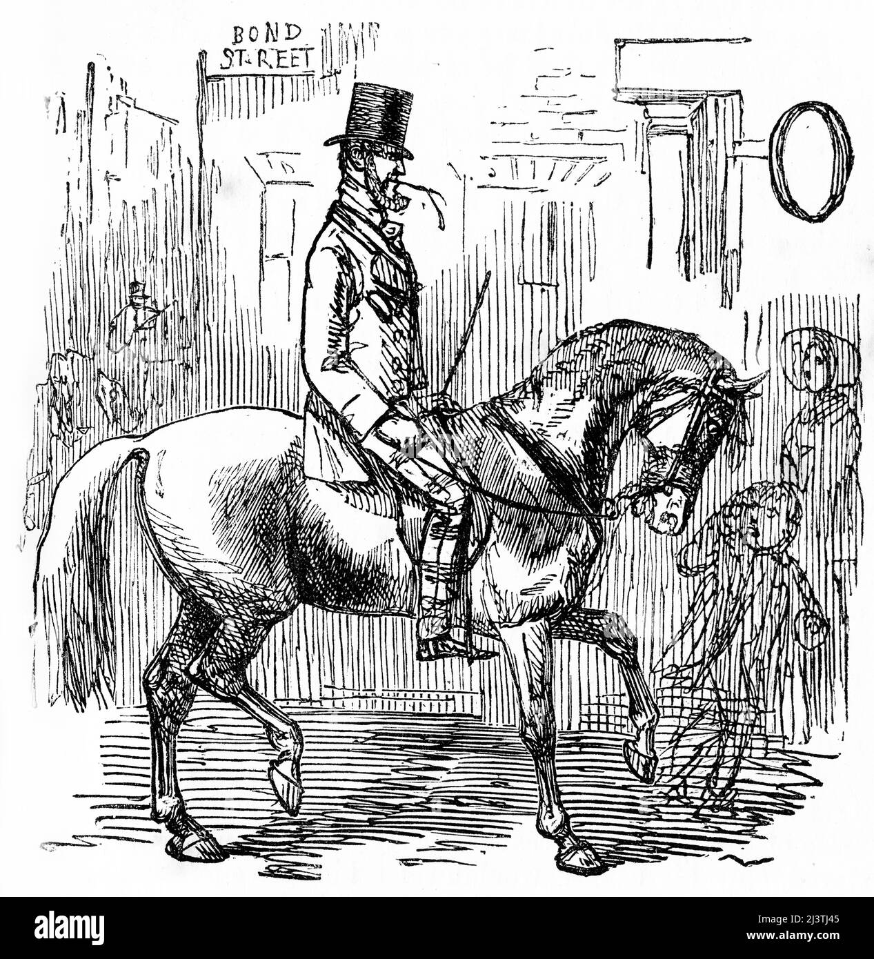 Un cavalier, M. Sponge, marche sur son mont sur Bond Street. Gravure en acier par John Leech de la tournée sportive de M. Sponge de Robert Smith Surtees, vers 1850 Banque D'Images