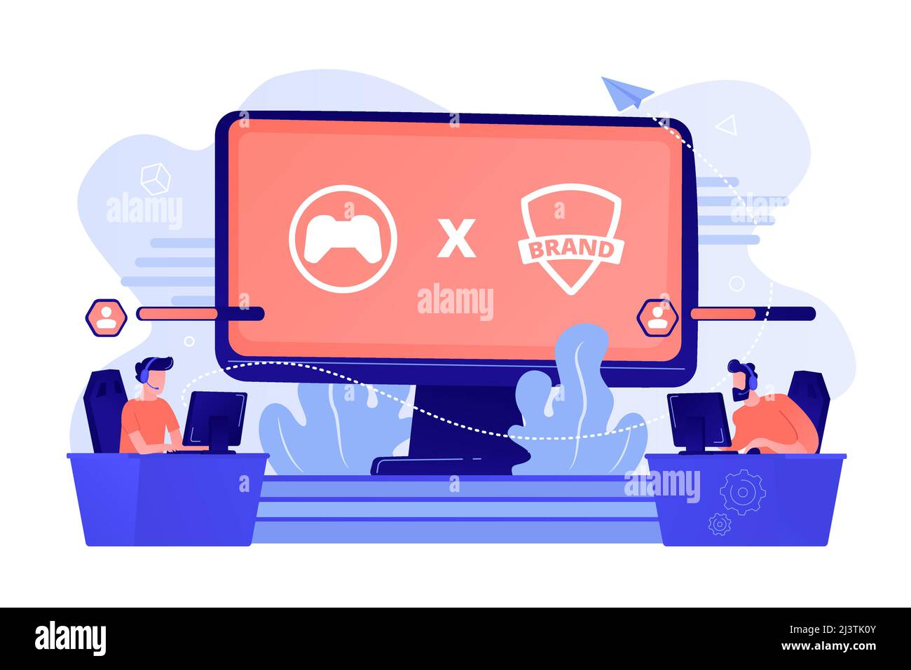 Concours Cybersports. Joueurs de jeux de marque jouant. Collaboration eSports partenariat esports, esports et concept de coopération des marques internationales. Rose Illustration de Vecteur