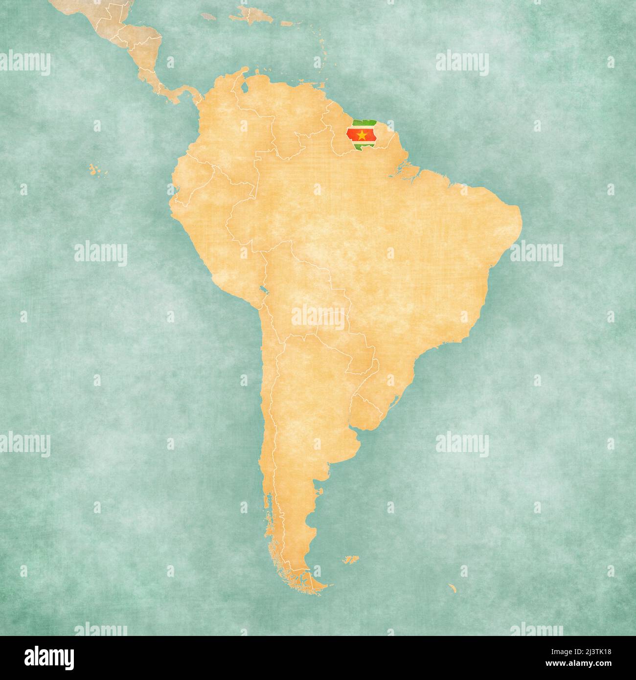 Suriname (drapeau surinamais) sur la carte de l'Amérique du Sud. La carte est dans un style vintage d'été et d'humeur ensoleillée. La carte a un grunge doux et atmos vintage Banque D'Images