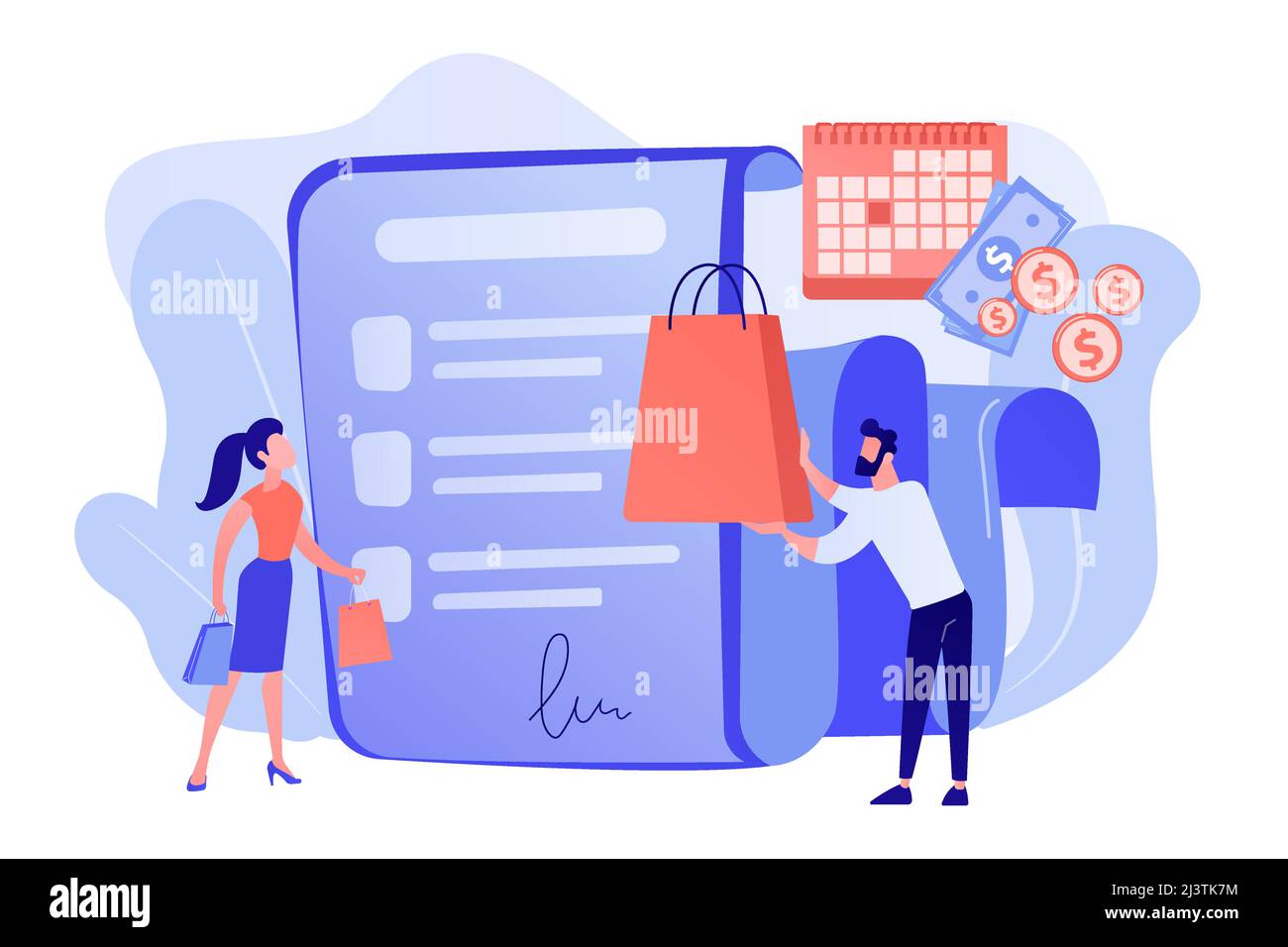 Offre d'achat à tempérament, commerce d'achat, service à la clientèle pratique. Report du paiement, modalités de paiement net, acheter maintenant payer plus tard concept. Rose c Illustration de Vecteur