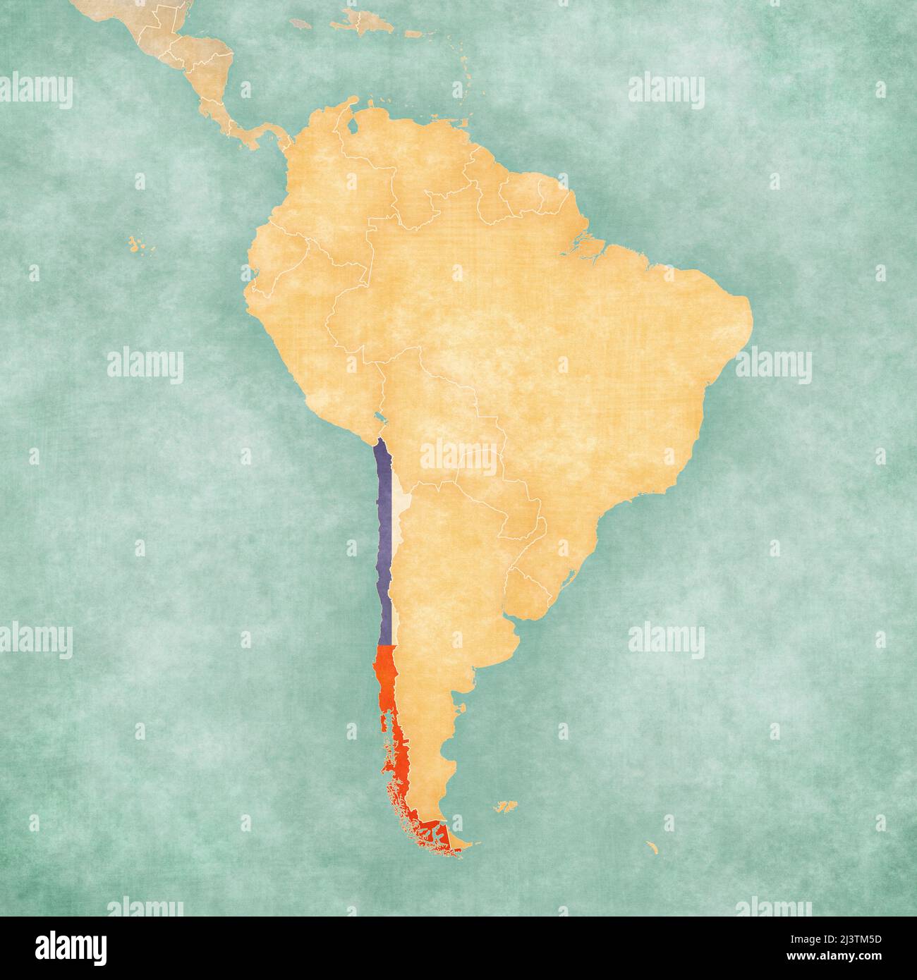 Chili (drapeau chilien) sur la carte de l'Amérique du Sud. La carte est dans un style vintage d'été et d'humeur ensoleillée. La carte a une douce grunge et une atmosphère vintage, Banque D'Images