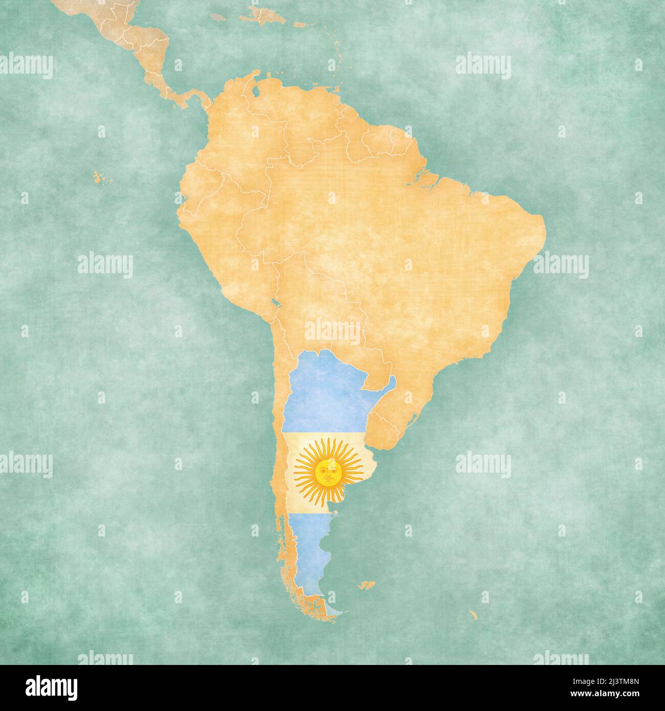 Argentine (drapeau argentin) sur la carte de l'Amérique du Sud. La carte est dans un style vintage d'été et d'humeur ensoleillée. La carte a un grunge doux et atmos vintage Banque D'Images