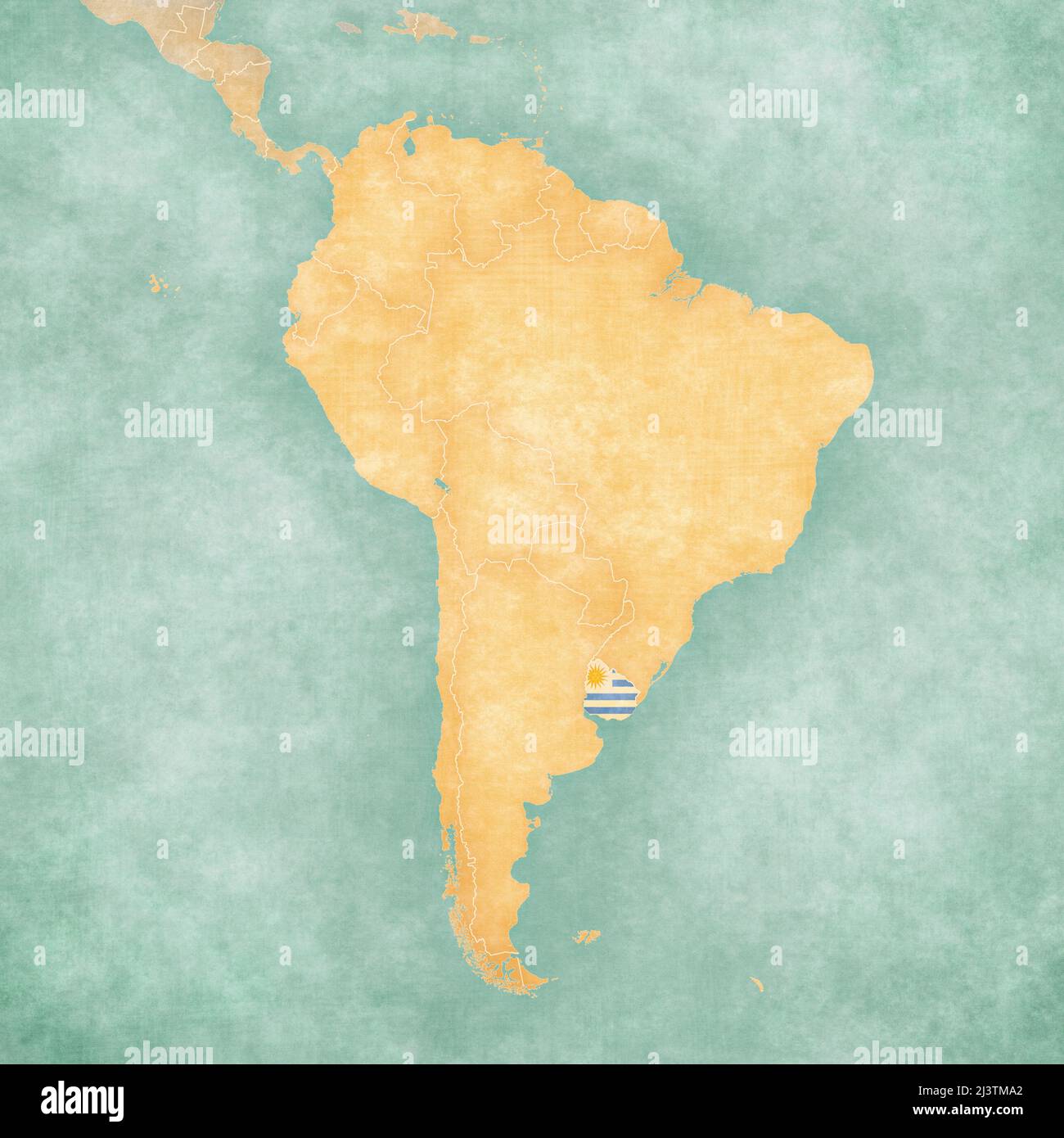 Uruguay (drapeau uruguayen) sur la carte de l'Amérique du Sud. La carte est dans un style vintage d'été et d'humeur ensoleillée. La carte a un grunge doux et millésime Banque D'Images