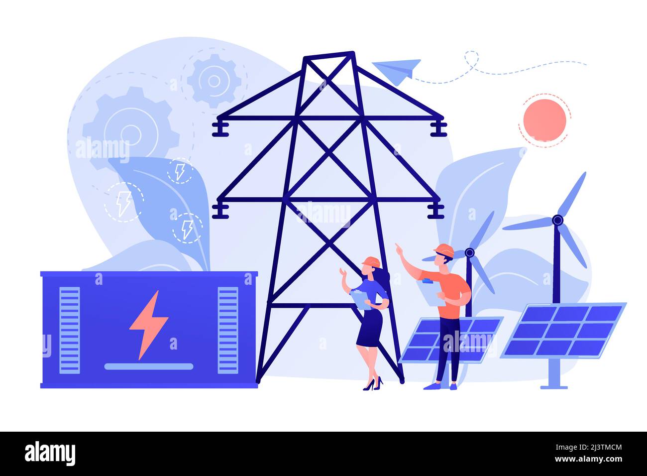 Stockage de l'énergie de la batterie à partir d'une centrale solaire et éolienne renouvelable. Stockage d'énergie, méthodes de collecte d'énergie, concept de réseau électrique. Rose Illustration de Vecteur