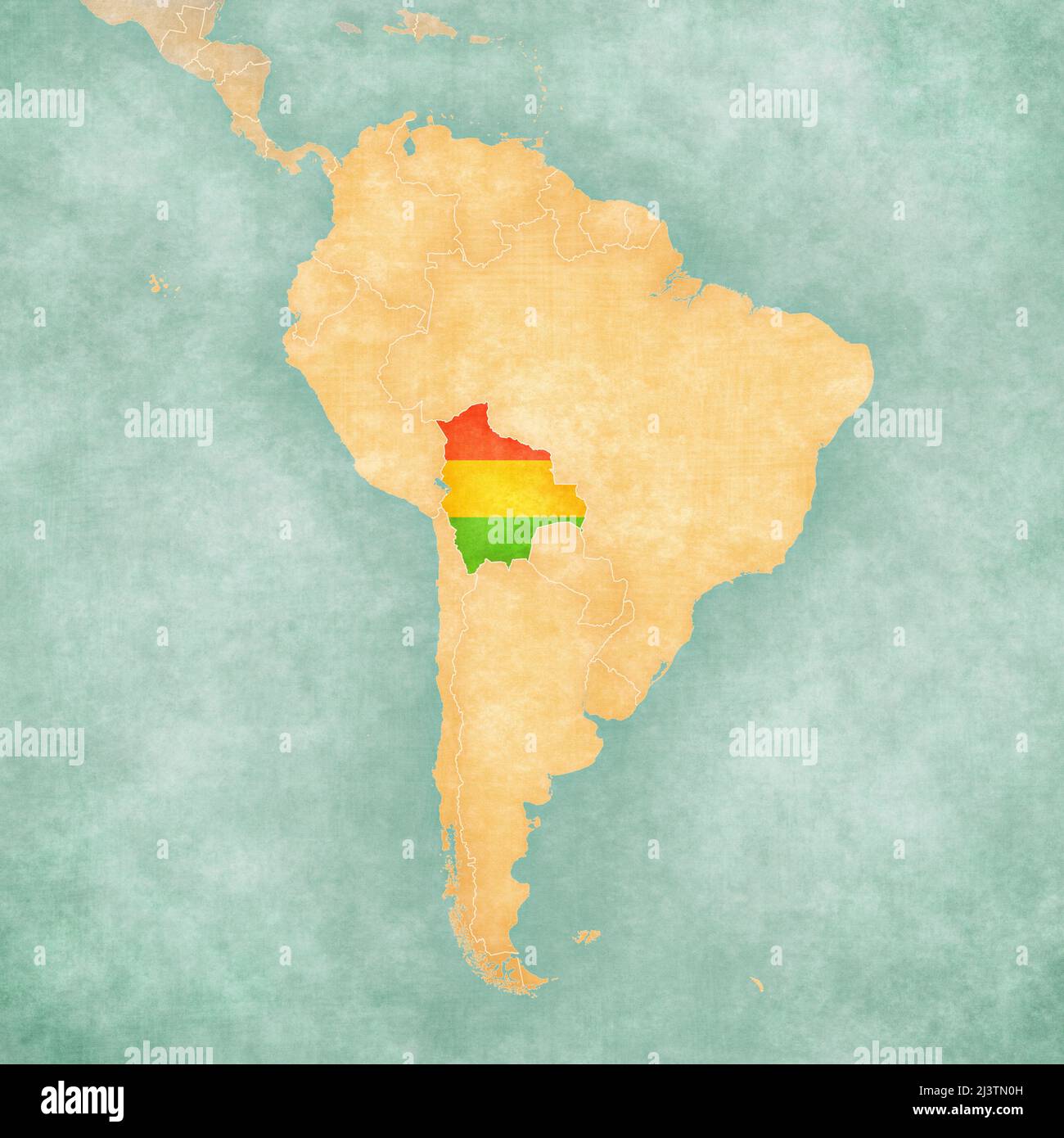 Bolivie (drapeau bolivien) sur la carte de l'Amérique du Sud. La carte est dans un style vintage d'été et d'humeur ensoleillée. La carte a une ambiance douce et vintage Banque D'Images
