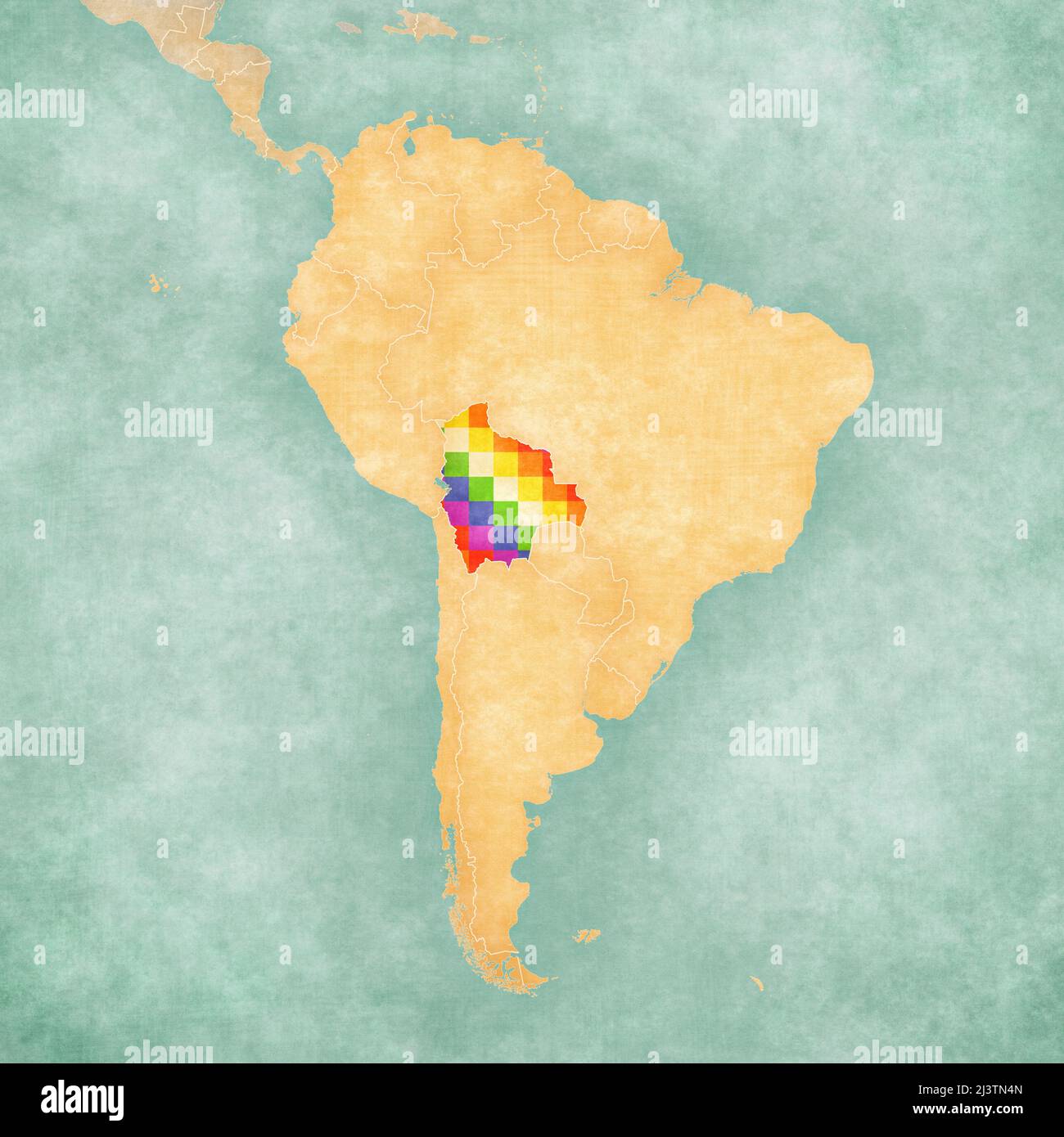 Bolivie (bannière Wiphala) sur la carte de l'Amérique du Sud. La carte est dans un style vintage d'été et d'humeur ensoleillée. La carte a un grunge doux et millésime Banque D'Images