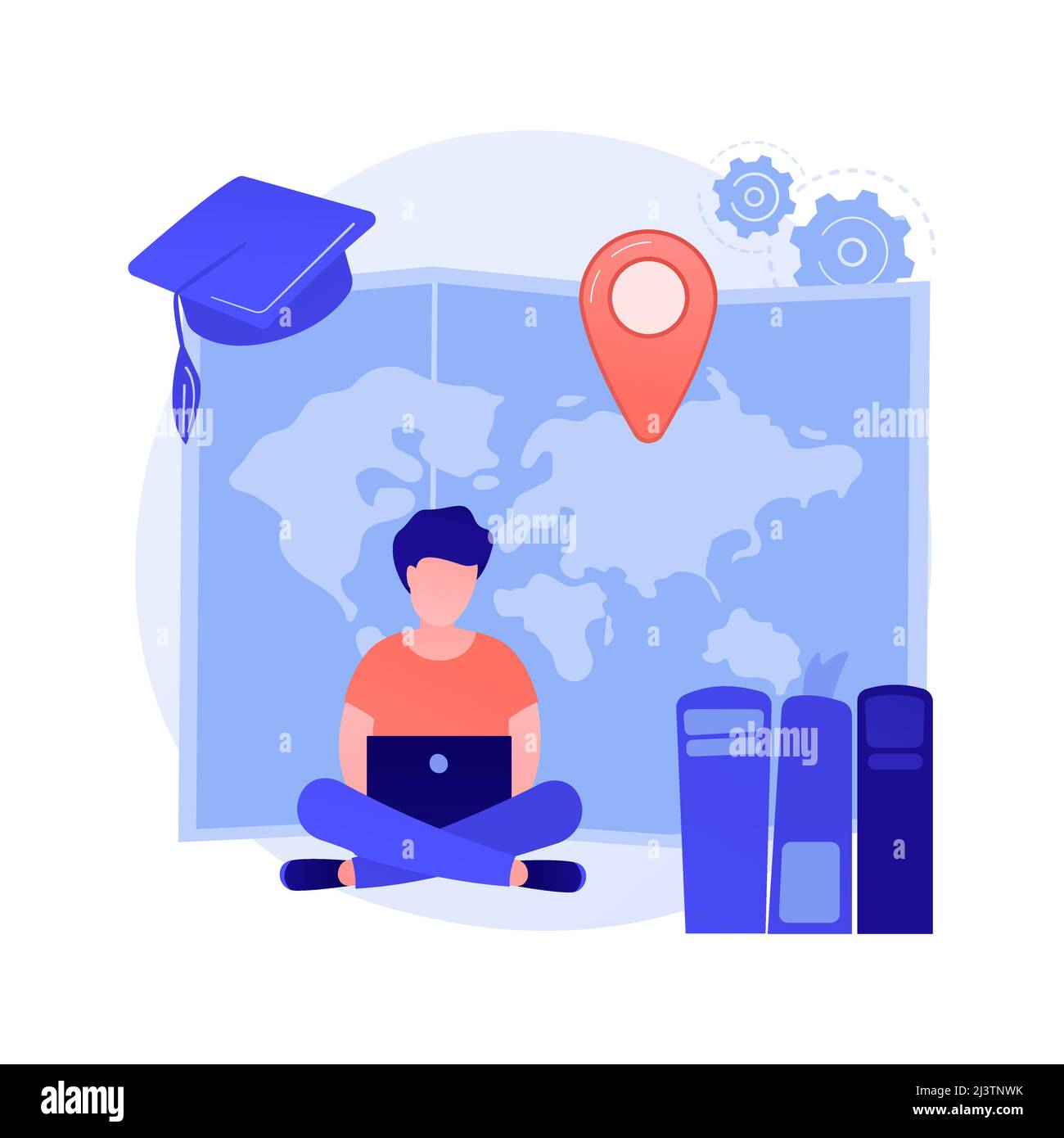 Cours universitaires à distance. Diplôme universitaire, auto-éducation, cours sur Internet. Cours en ligne à l'école, e-learning. Personnage de dessin animé étudiant de collège. Illustration de Vecteur