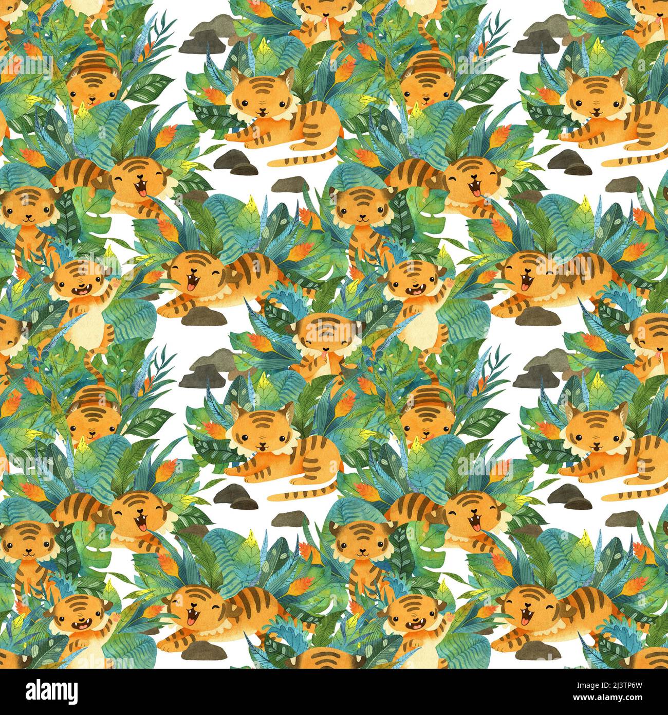 Aquarelle mignon petit tigre dans le motif tropical Jungle sans coutures Banque D'Images