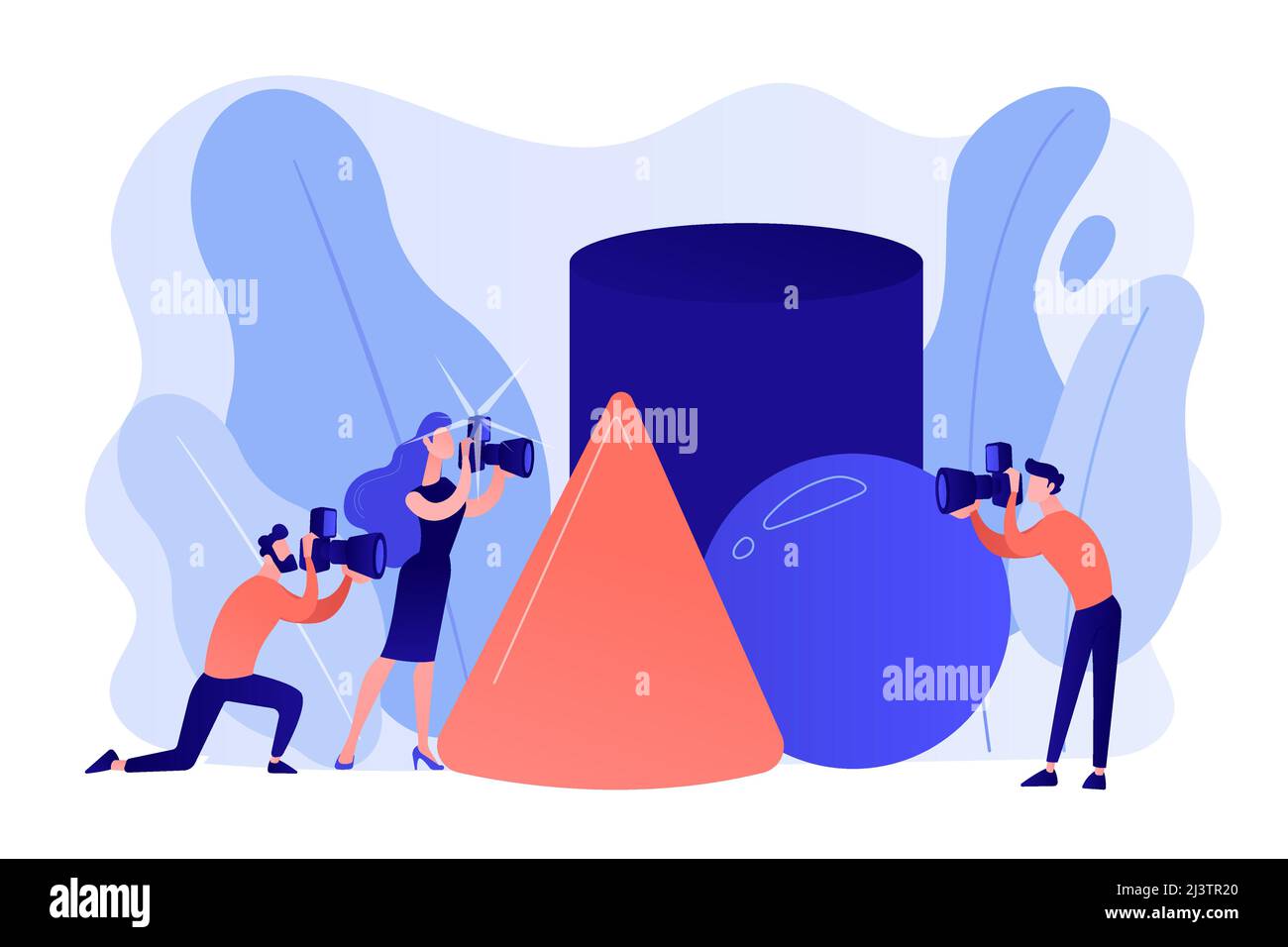 Les étudiants de l'atelier s'exerçant à prendre des photos d'objets géométriques. Atelier de photographie, atelier de post-traitement, concept de création de portfolio photo. Illustration de Vecteur