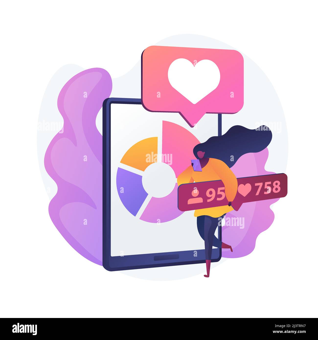 Marketing de blogs sur les médias sociaux. Développement de la conception d'applications pour smartphone. Personnage d'influence du réseau en ligne. Internet commercial, suiveur, aime attractus Illustration de Vecteur