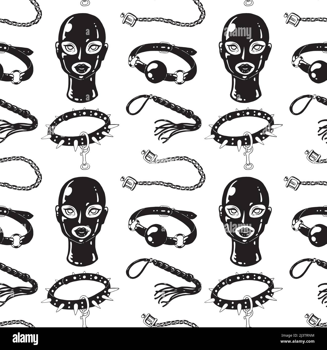 Motif sans couture tracé à la main BDSM. Illustration à l'encre noire et blanche Illustration de Vecteur