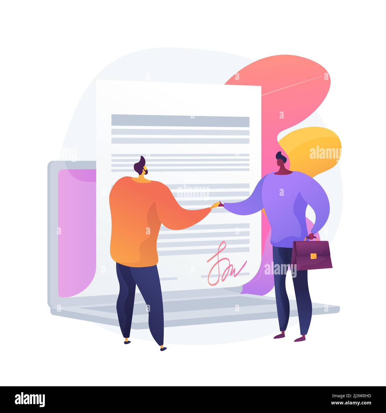 Signature d'un contrat numérique. Document en ligne, signature de contrat, transaction commerciale informatisée. Homme d'affaires, partenaires utilisant la signature électronique. iso vectoriel Illustration de Vecteur