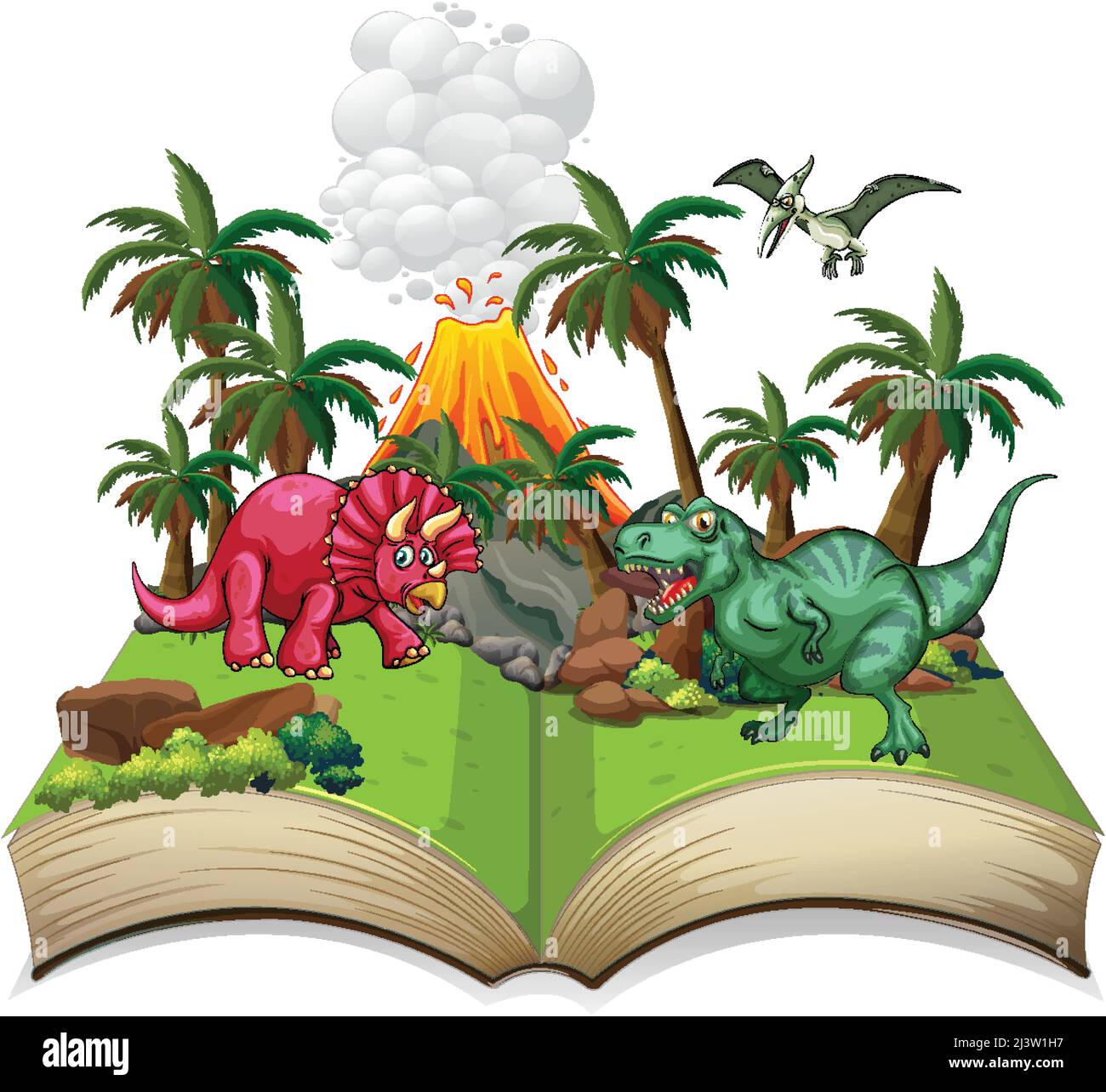 Livre ouvert avec diverses illustrations de dessins animés de dinosaures Illustration de Vecteur