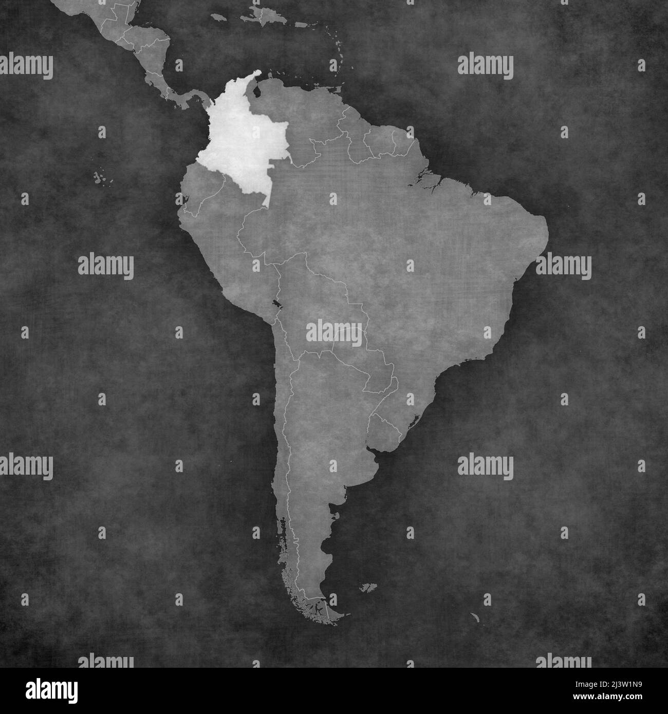 Colombie sur la carte de l'Amérique du Sud. La carte est de style vintage noir et blanc. La carte a un grunge doux et une atmosphère rétro de papier ancien. Banque D'Images