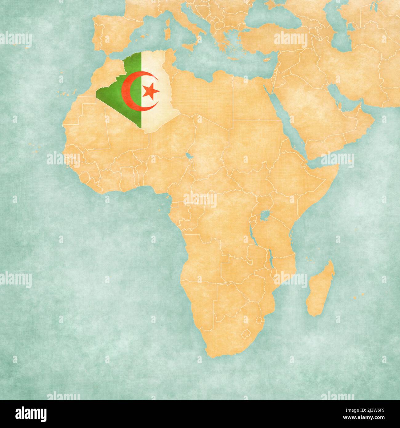Algérie (drapeau algérien) sur la carte de l'Afrique. La carte est dans un style vintage d'été et d'humeur ensoleillée. La carte a un grunge doux et une atmosphère vintage, comme Banque D'Images