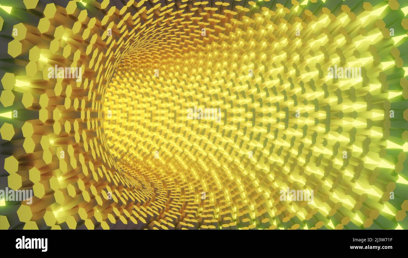 Tunnel en mouvement rapide dans le cyberespace. Conception. Le tunnel virtuel au néon se déplace rapidement. Un tunnel lumineux se déplace dans l'espace virtuel Banque D'Images