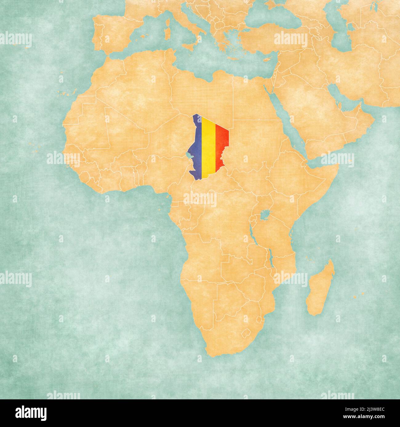 Tchad (drapeau tchadien) sur la carte de l'Afrique. La carte est dans un style vintage d'été et d'humeur ensoleillée. La carte a un grunge doux et une atmosphère vintage, comme le wate Banque D'Images