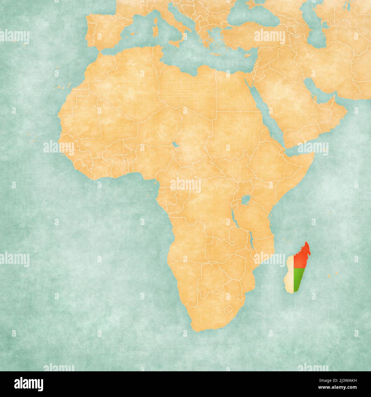 Madagascar (drapeau malgache) sur la carte de l'Afrique. La carte est en grunge doux et de style vintage, comme la peinture aquarelle sur le vieux papier. Banque D'Images