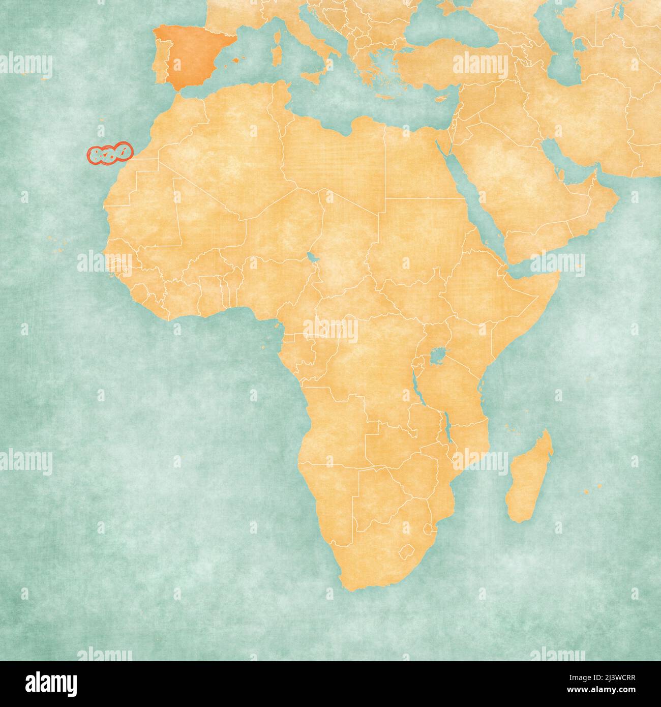 Îles Canaries (Espagne) sur la carte de l'Afrique. La carte est en grunge doux et de style vintage, comme la peinture aquarelle sur le vieux papier. Banque D'Images