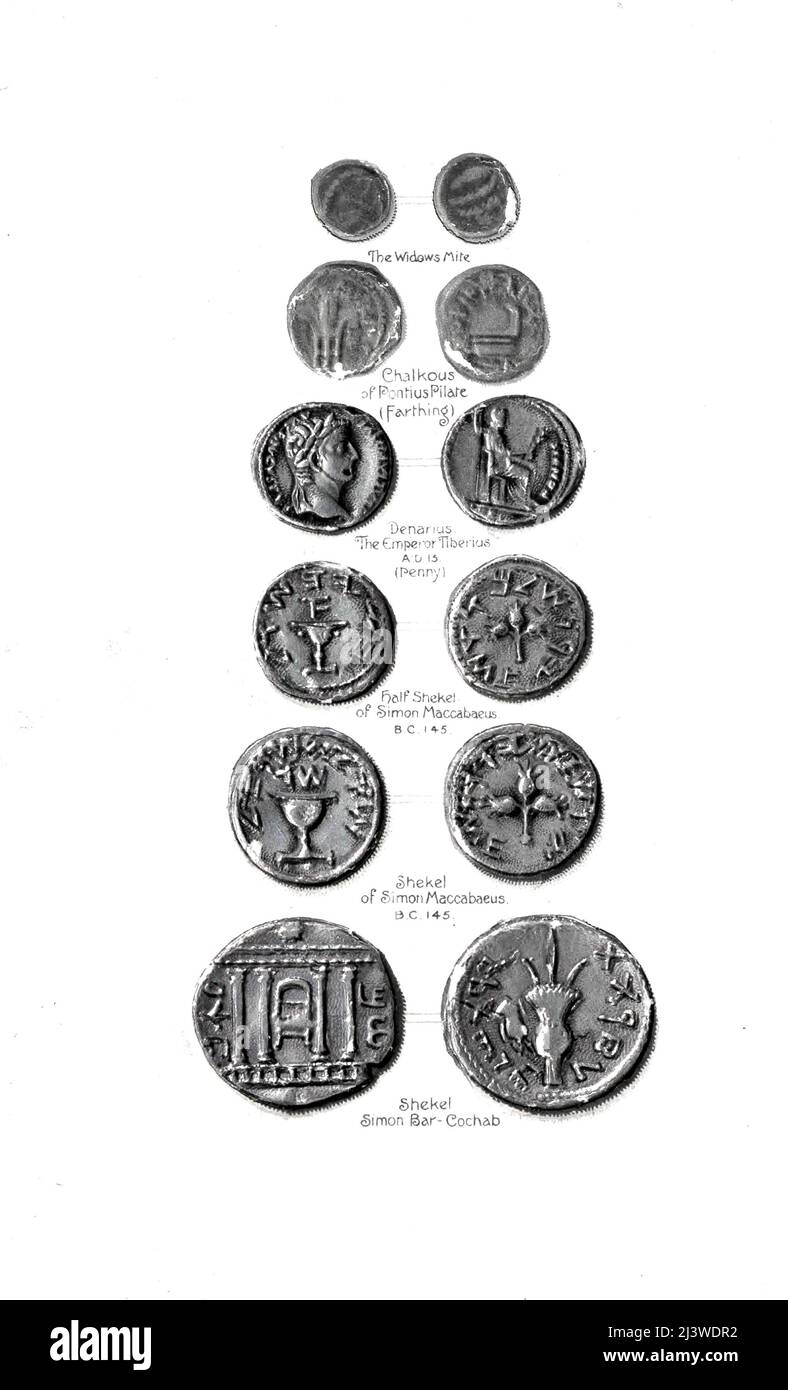 Diverses pièces bibliques Shekel, Half Shekel, Penny, Farthing et les veuves Mite Illustration de l'ancienne pièce de monnaie biblique du livre ' l'argent de la Bible ' par George Charles Williamson, Éditeur: Londres, la Société religieuse de la trêche 1894 Banque D'Images