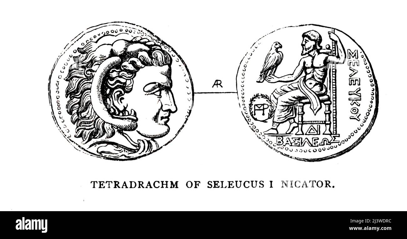 Tetradrachm de Seleucus i Nicator Illustration de l'ancienne pièce de monnaie biblique du livre ' l'argent de la Bible ' par George Charles Williamson, Éditeur: Londres, la Société religieuse de la trête 1894 Banque D'Images